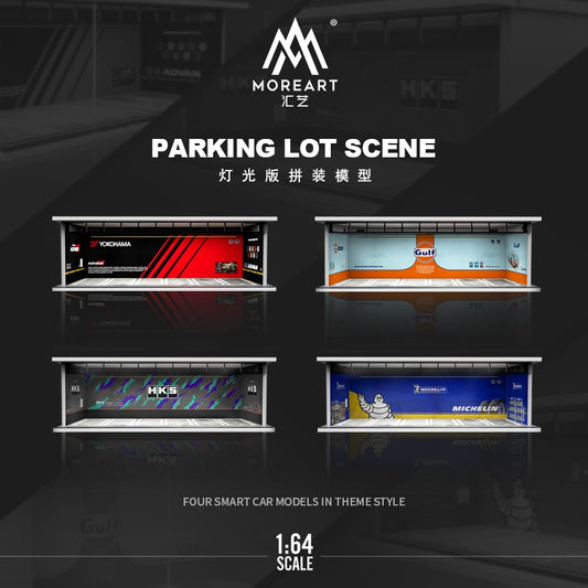 *Pre-Order* MoreArt 1:64 Gulf / HKS /Michelin /Advan Parking Garage Assembled Scene Diorama with Light